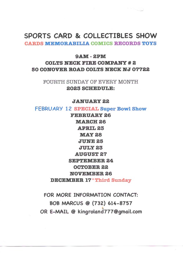 Colts Neck Sportscards and Collectibles Show Card Show Flyer
