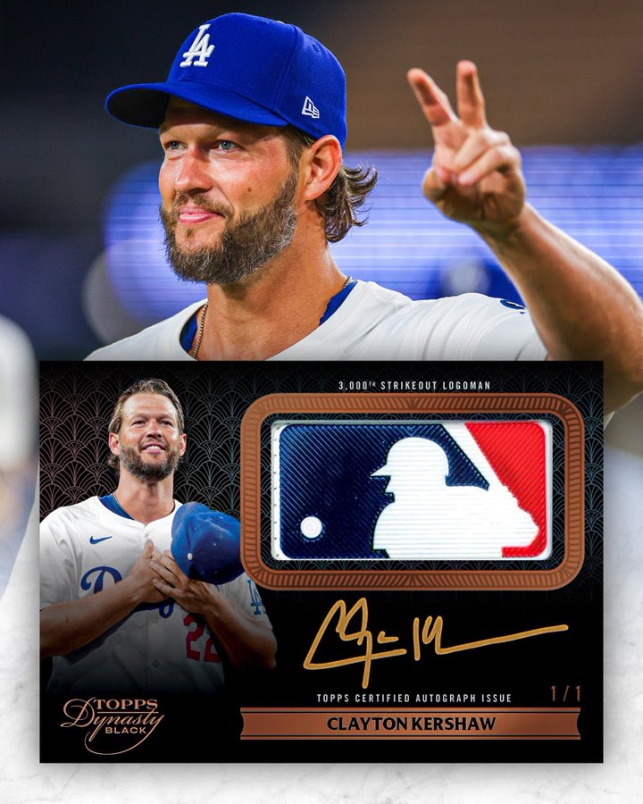 Clayton Kershaw’s 3,000th Strikeout MLB Logoman to Be Featured in Rare 1/1 Topps Dynasty Card
