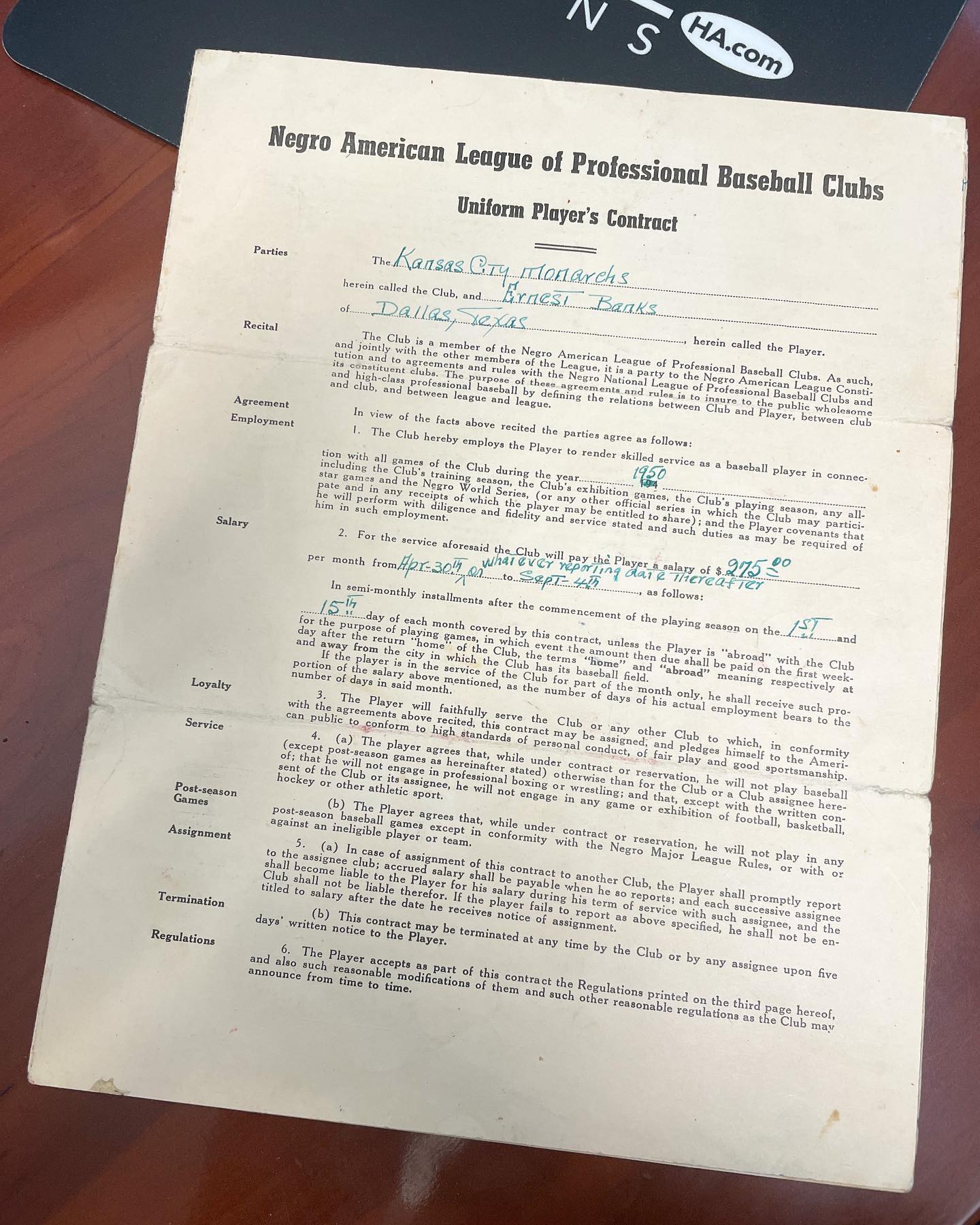 Historic Ernie Banks 1950 Negro Leagues Contract to be Auctioned at Heritage Auctions' Summer Platinum Night Sale