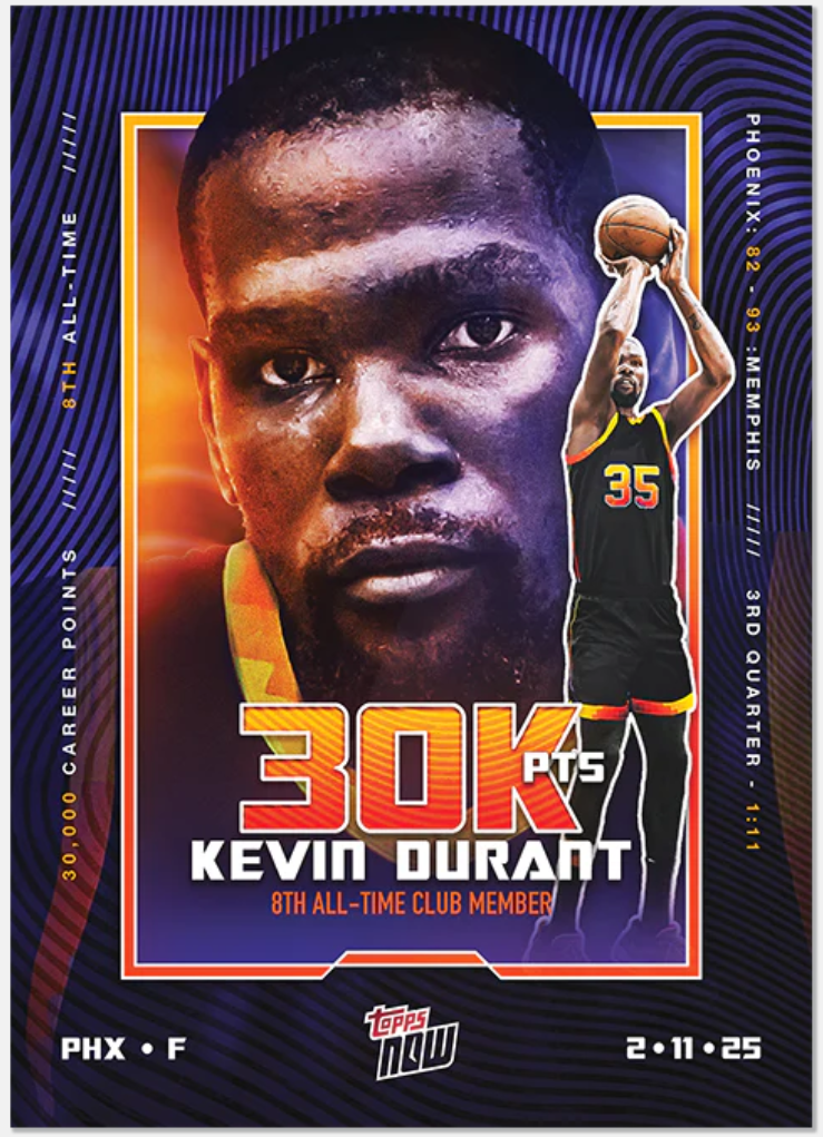 Kevin Durant Reaches 30,000 Career Points, Honored with Limited-Edition Topps Now Card