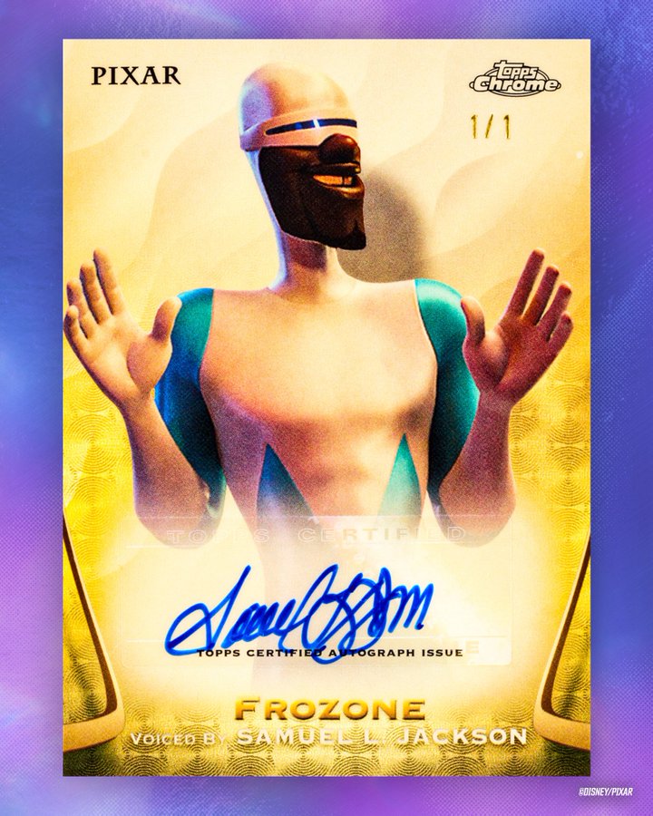 Samuel L. Jackson signs as Frozone for the first time, featured in Topps Chrome